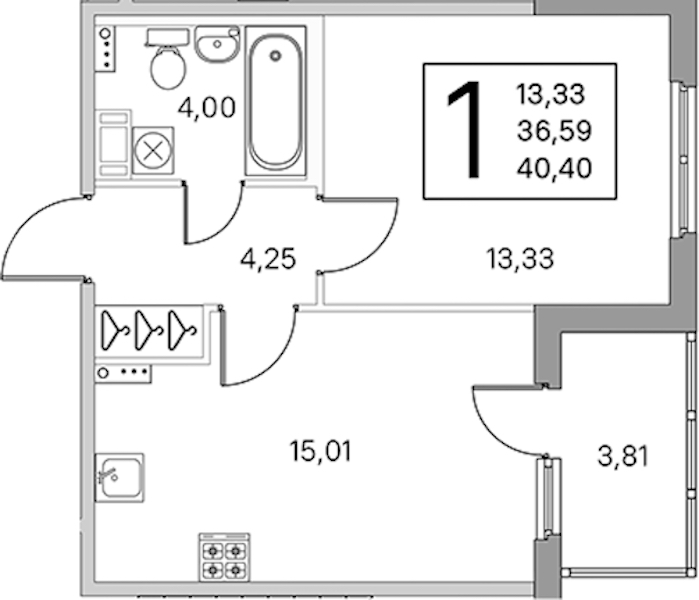 1-комнатная квартира 38.5 м², 2/4 эт., ЖК «Любоград в Стрельне»